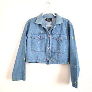 PG Collections Womens Blue Floral Embroidery Button Up Denim Jacket Size 12